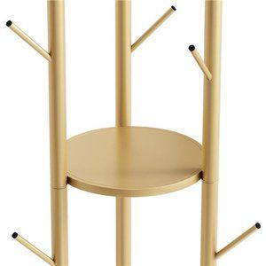 Metal Gold Freestanding, Coat Hanger Stand, with Double Shelves, 9 Hooks, Gold